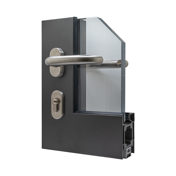 Close-up of a modern door lock mechanism with a cylindrical handle, keyhole, and metal frame, set against a plain background.