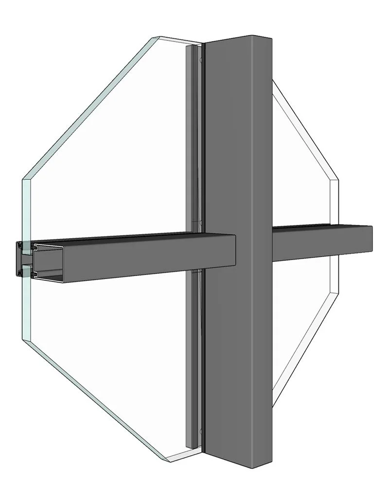 A 3D rendering of a glass and metal circular door or hatch with a handle and hinge mechanism.