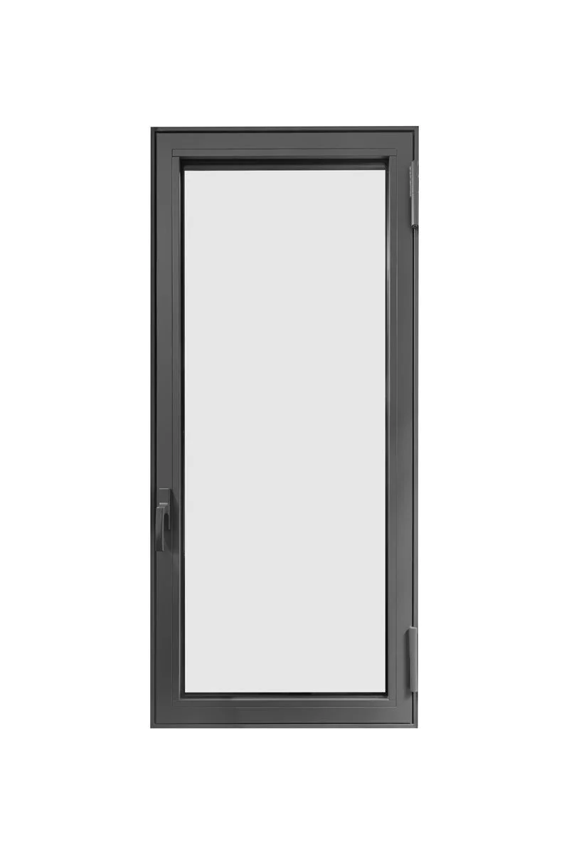A tall, black framed glass door with a handle on the left side, set against a plain white background.