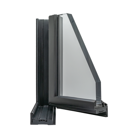 Close-up of a glass window or partition with a black frame, installed in a modern building.