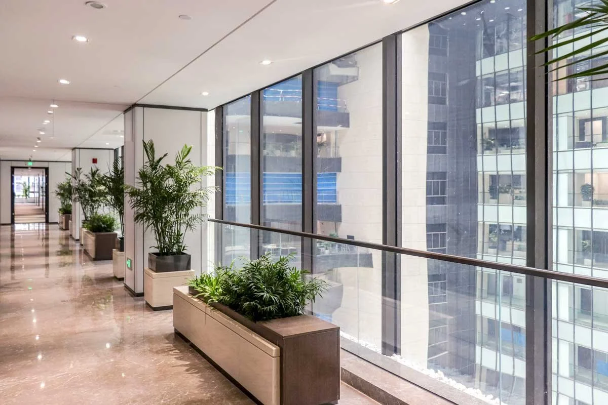 Interior view of a modern office corridor with large floor-to-ceiling windows, potted plants along the walkway, and a polished marble floor.