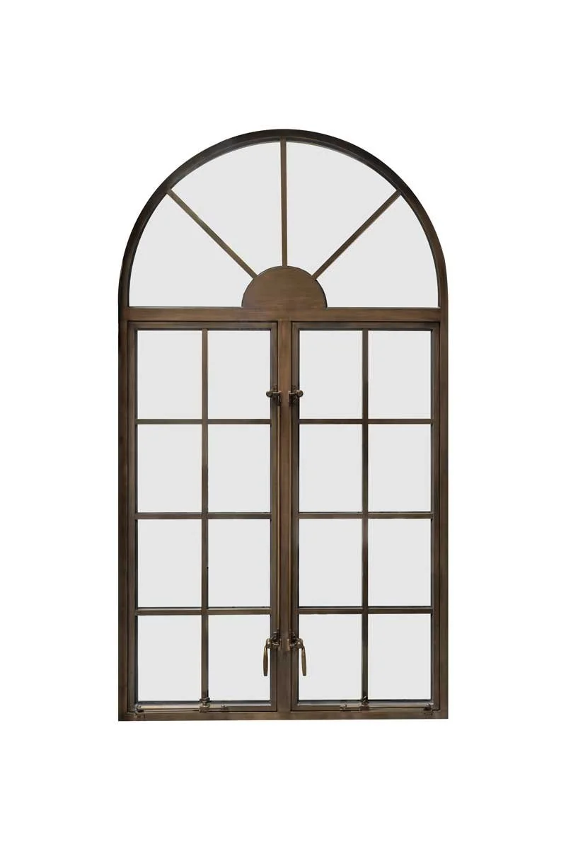 A double-door window with an arched top, divided into multiple glass panes with a metal frame.