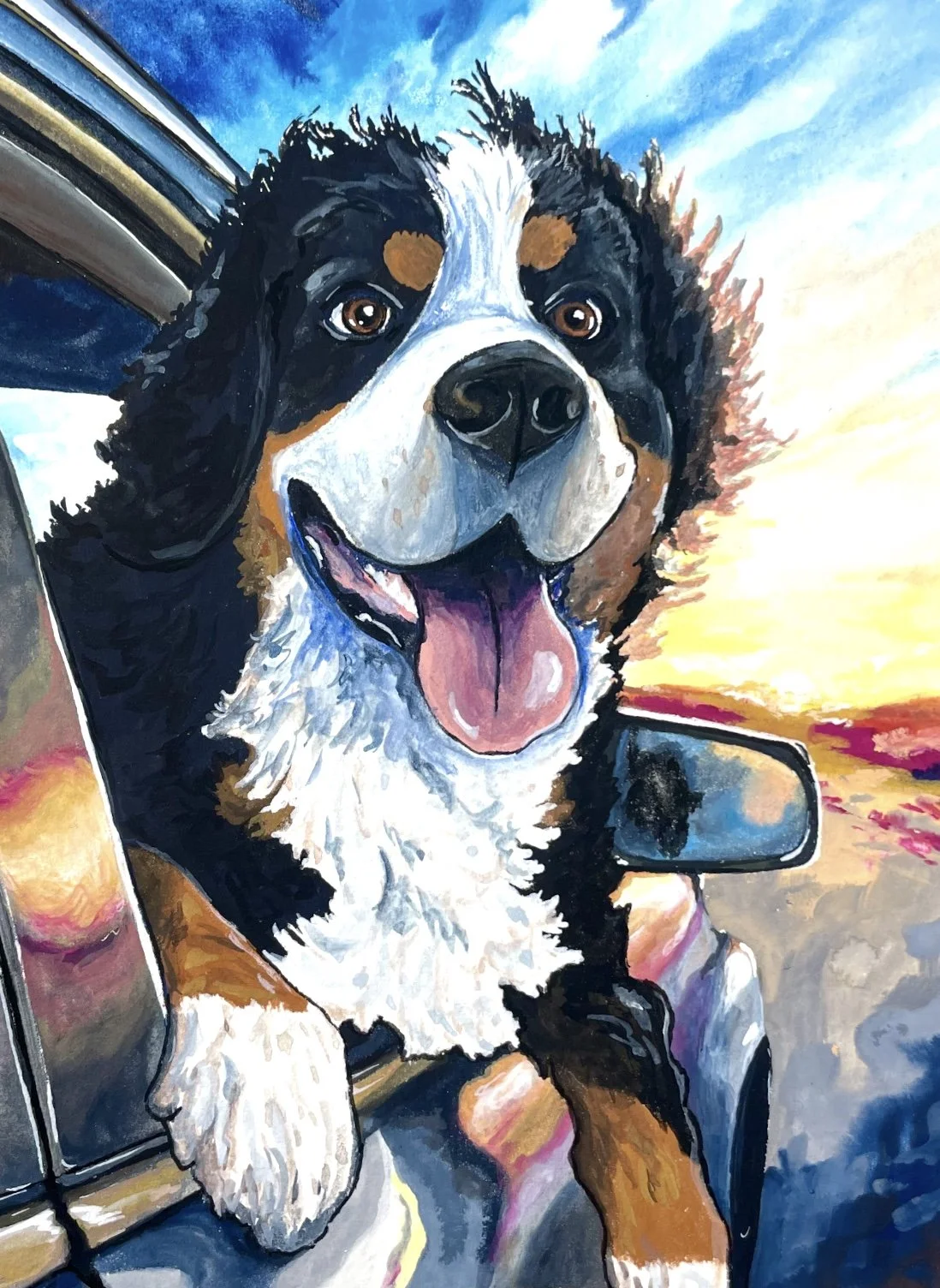 A colorful painting of a happy Bernese mountain dog with its tongue out, sitting in a car window with a sunset sky in the background.