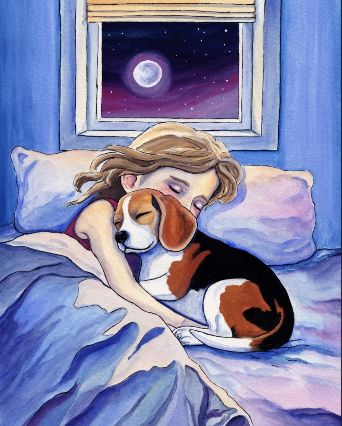 A girl sleeping in bed cuddling with a beagle dog under a night sky with a full moon, visible through an open window.