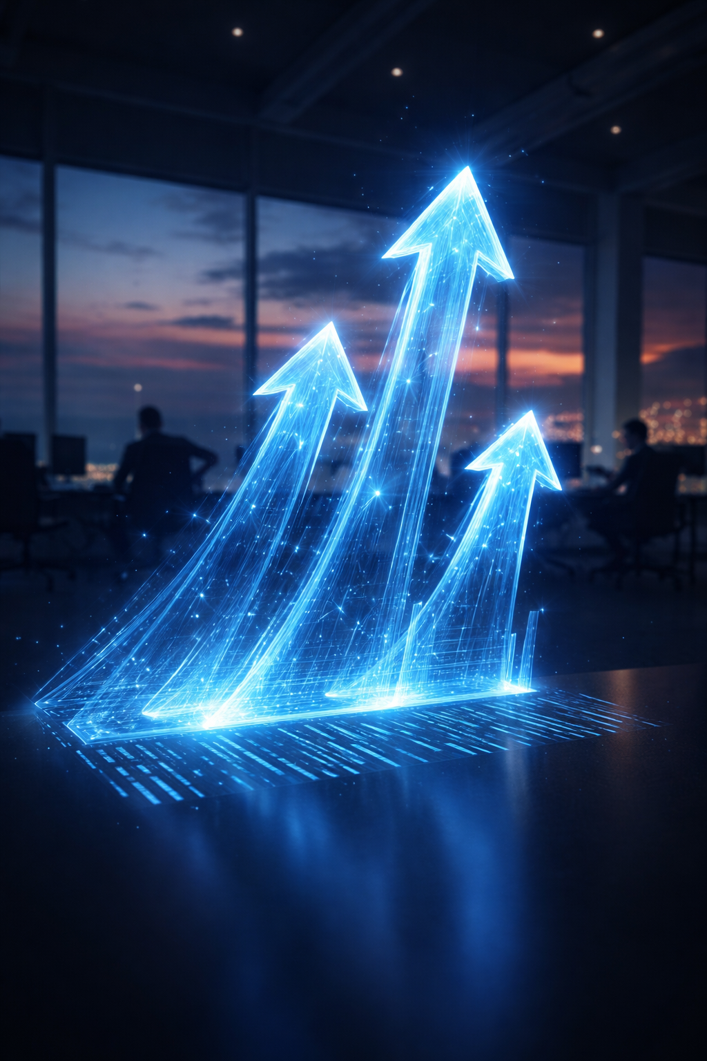 Digital illustration of three glowing blue upward arrows with data grid base in a modern office setting during sunset on a seahore.
