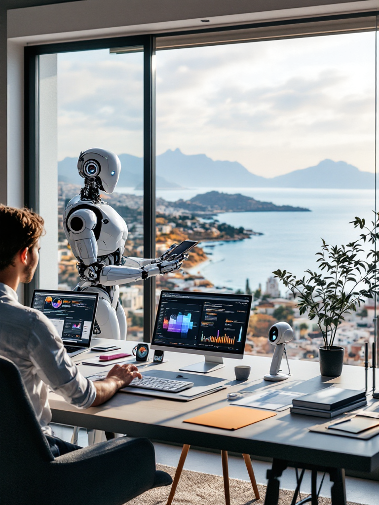 A robot and a human working in a modern office with large windows overlooking a coastal city and water, with mountains in the background. The robot is standing and holding a tablet, while the human is seated at a desk with multiple screens displaying graphs and data.
