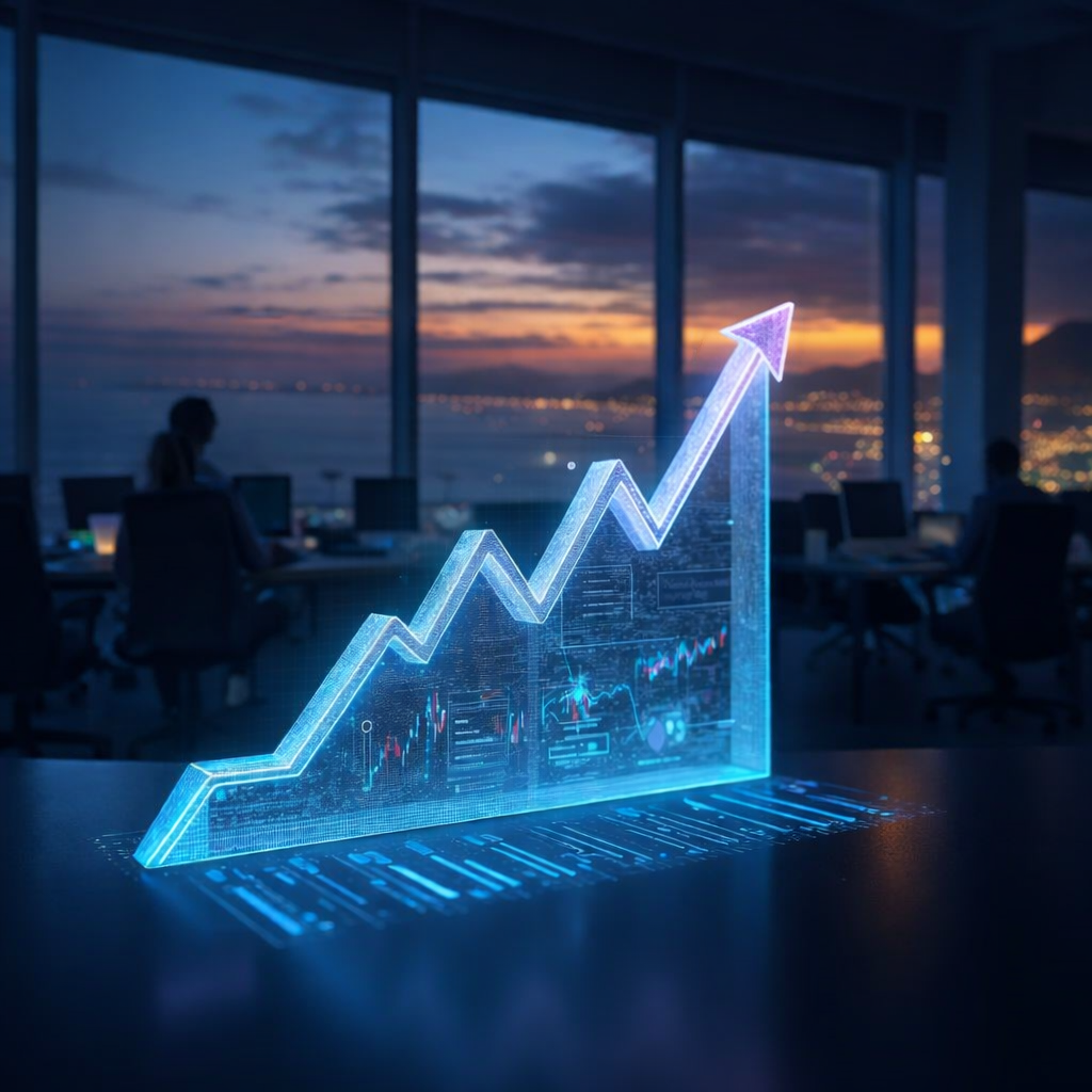 A digital holographic chart of rising stock prices with an upward arrow, set against a cityscape viewed through large windows at sunset.