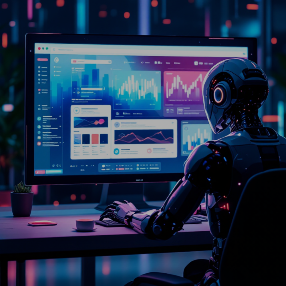 A robot with a humanoid form sitting at a desk, working on a computer with multiple screens displaying data and graphs, in a high-tech environment.