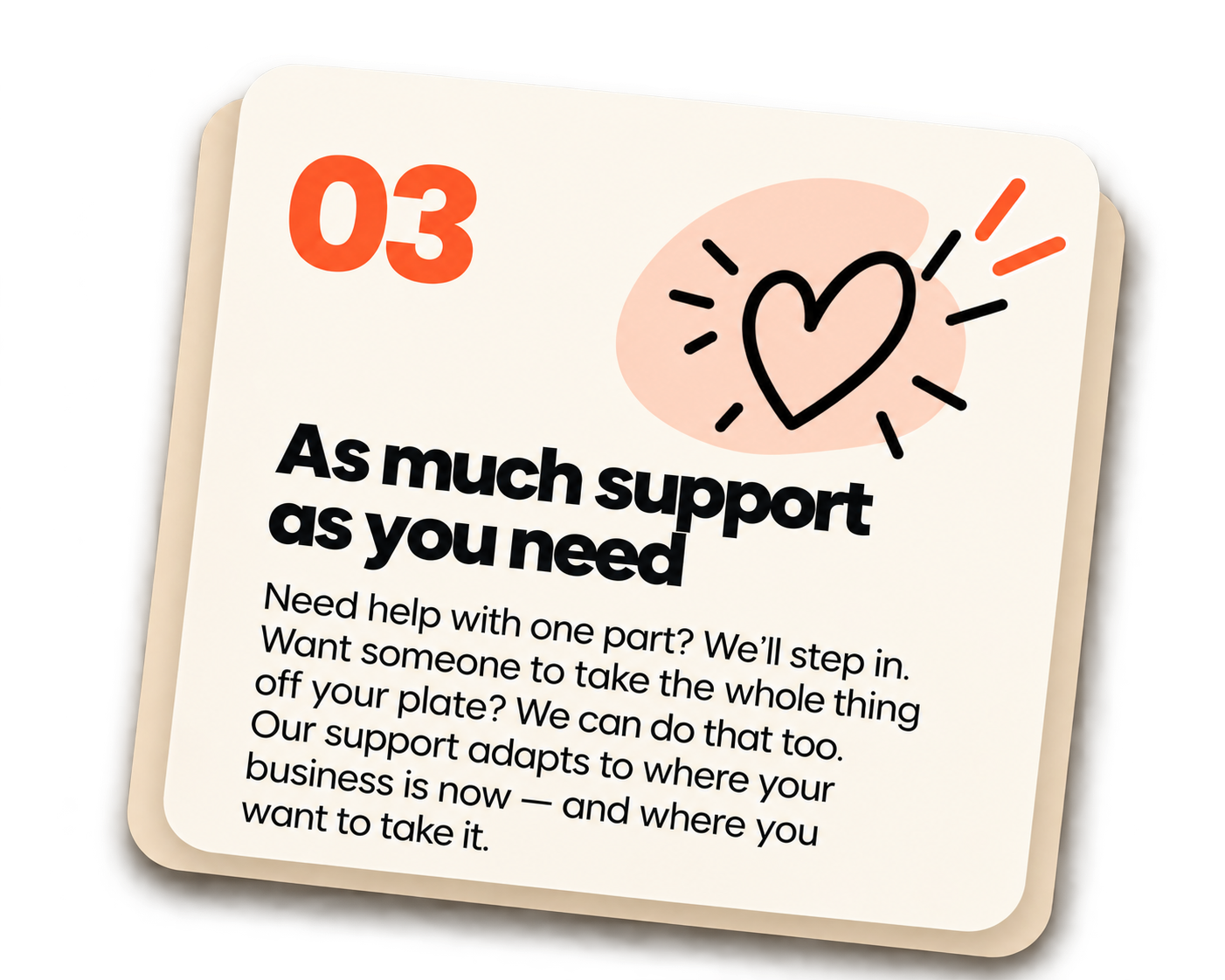 A digital support calendar showing the date '03' with a heart icon, and supporting text about offering help and support where needed.