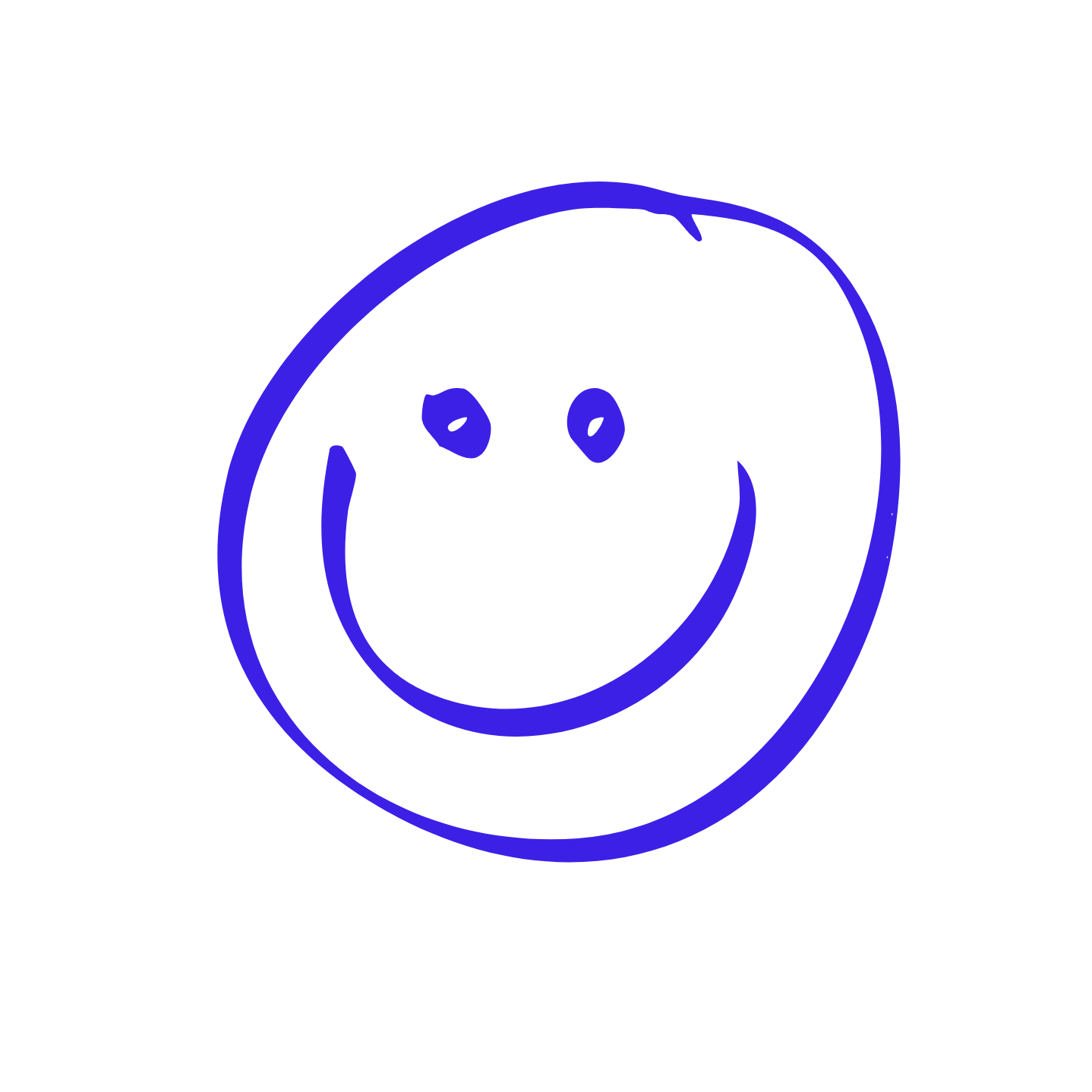 A glowing blue outline of a smiling face on a black background.