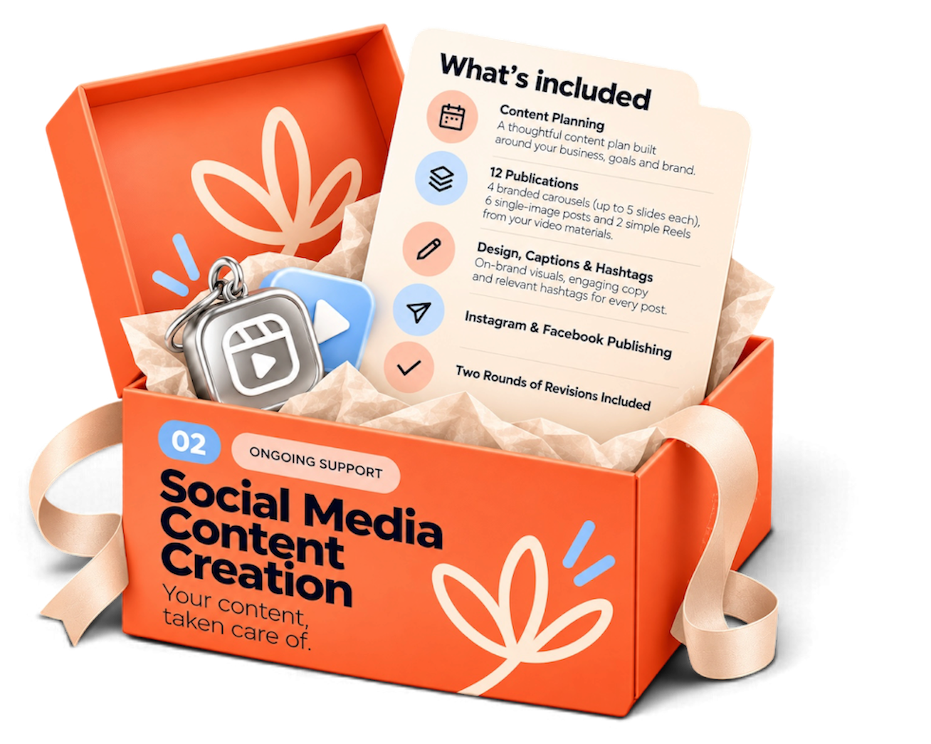 Orange box with a white ribbon, containing social media content creation tools including a card, a keychain with the Instagram logo, and a sheet of paper listing content creation services and support details.