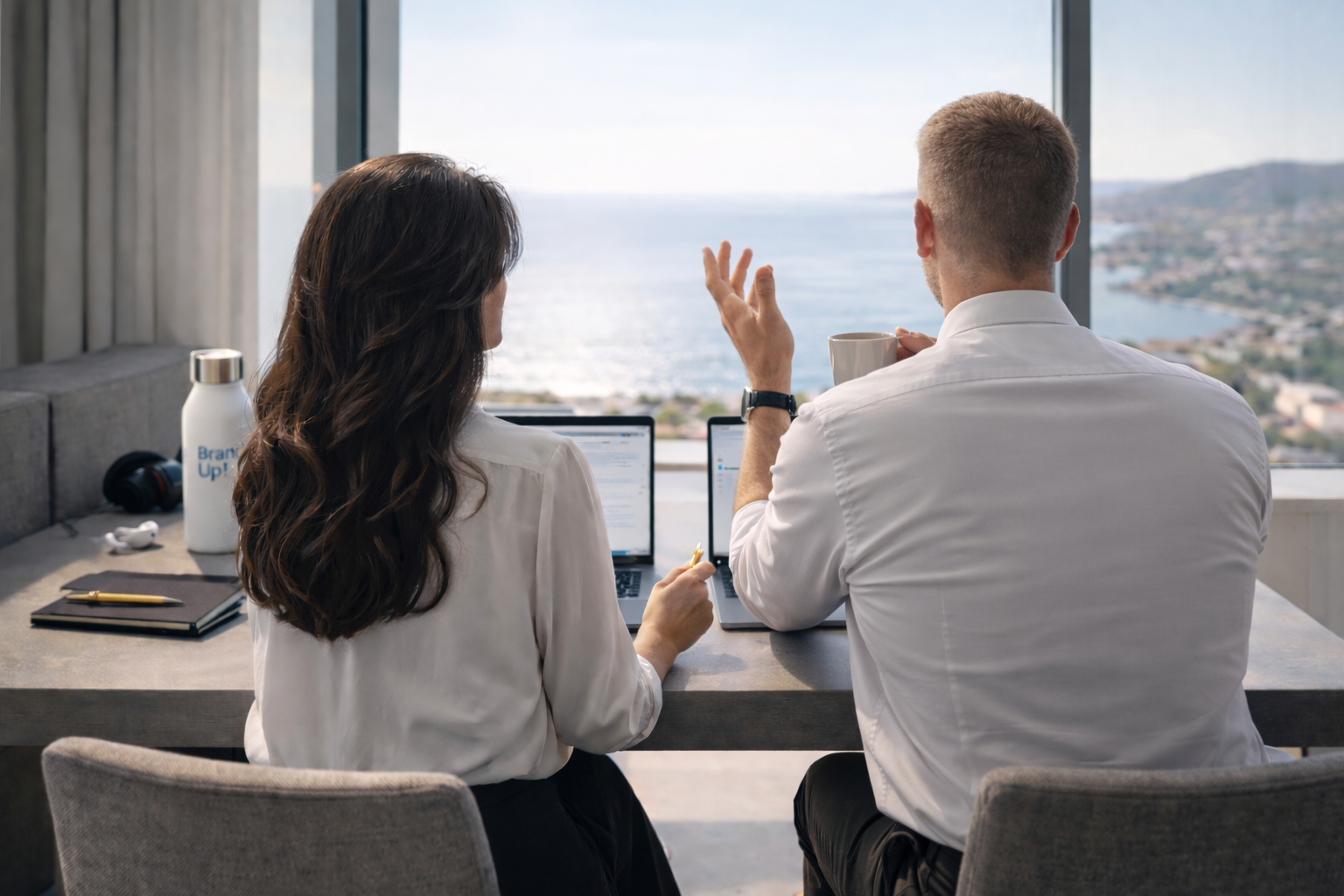 Two brand-and-marketing specialists working at a desk in a modern high-rise office overlooking the Mediterranean coast.