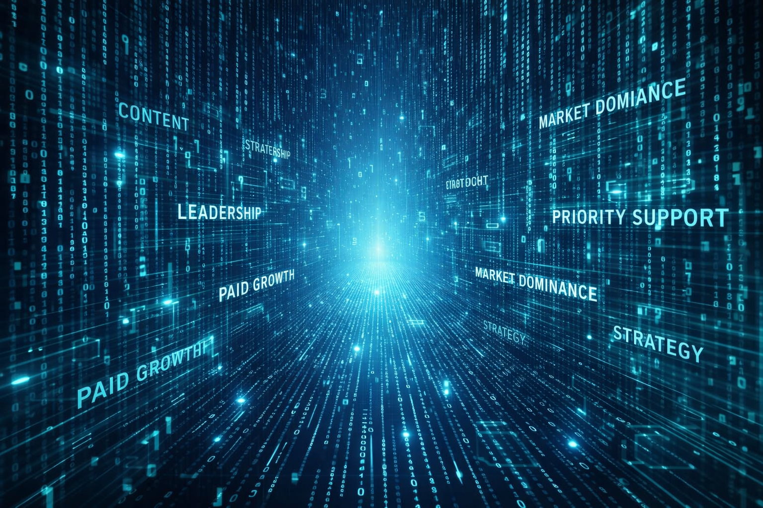 Digital blue "Matrix" scene with floating text words such as 'Leadership,' 'Paid Growth,' 'Content,' 'Market Domination,' 'Strategy,' and 'Priority Support' among streams of binary and digital data.