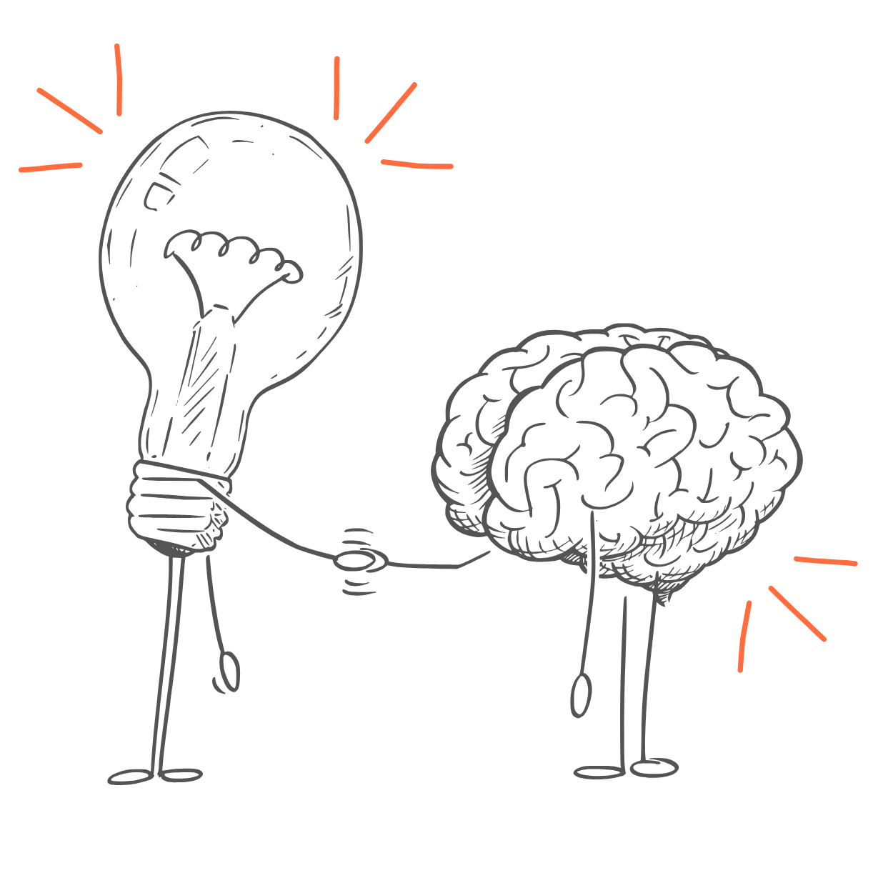 A black and white doodle of a light bulb with radiating lines and a brain with radiating lines, connected by a wire. The light bulb and brain have small limbs and are holding hands.
