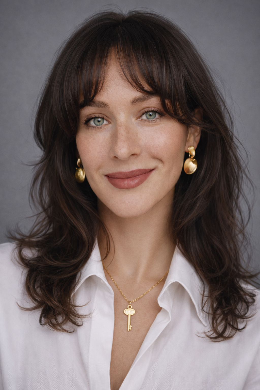 A woman with shoulder-length wavy brown hair and blue eyes wearing a white shirt, gold earrings, and a gold key necklace, smiling at the camera against a gray background.