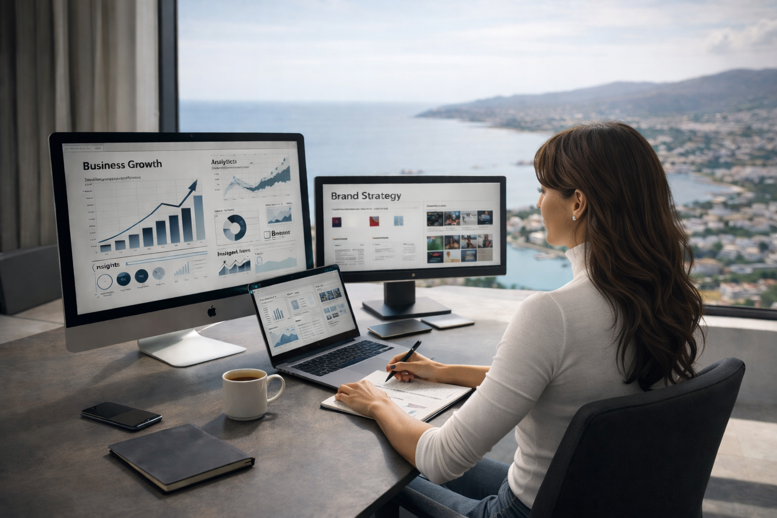 Woman working on business strategy spreadsheets at a desk with multiple screens, overlooking Costa Blanca seashore.