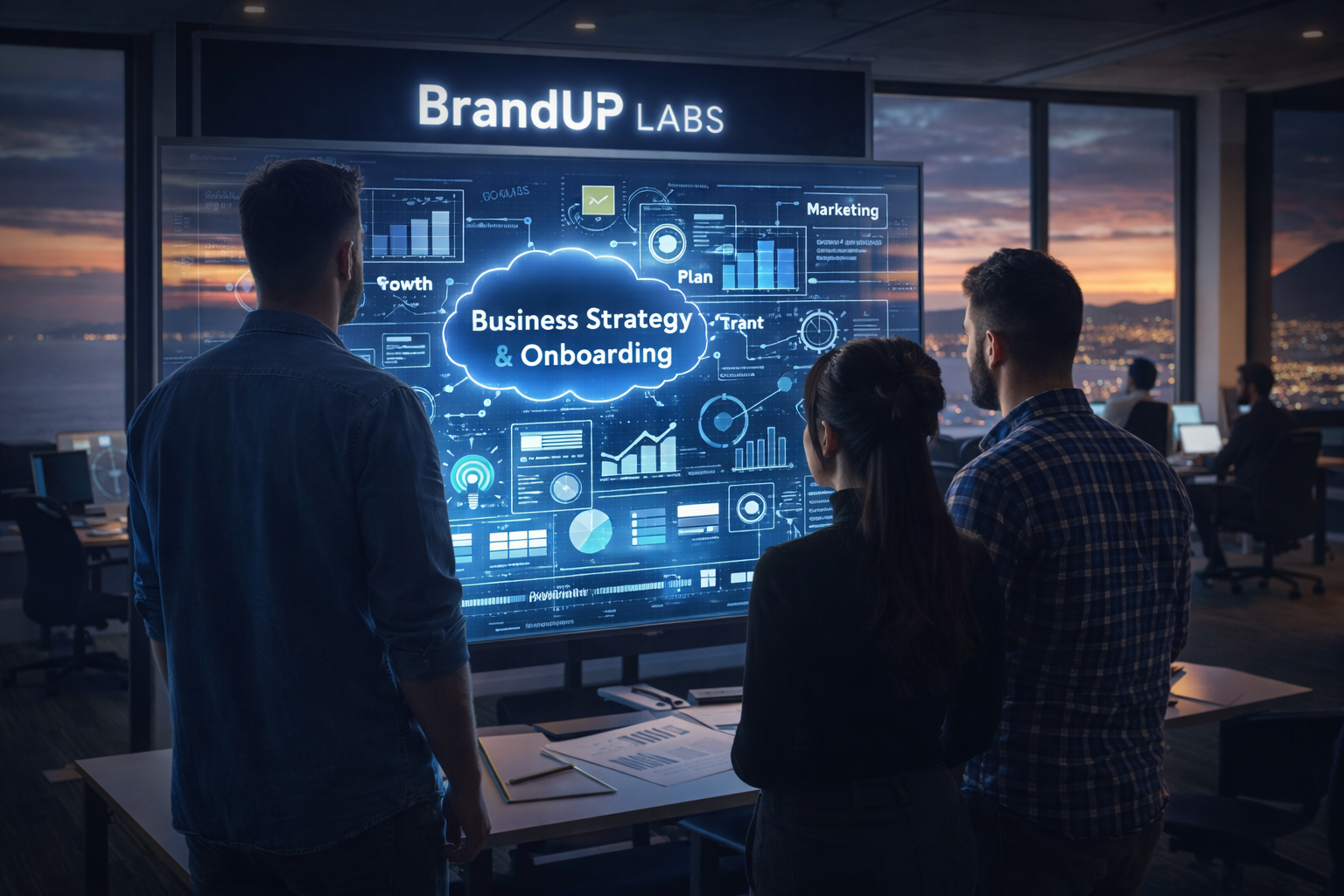 People in a marketing agency room looking at a large digital presentation screen displaying business strategy, growth, marketing, and onboarding visuals, with cityscape and sunset view outside the panoramic windows overlooking Costa Blanca seashore.