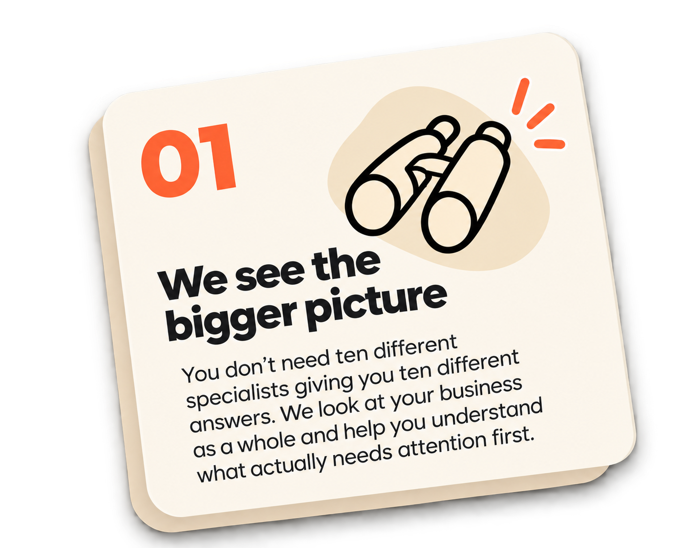 An informational card with the number 01 in red, containing a black outline drawing of a prescription pill bottle and speech bubbles, and text about seeing the bigger picture and consulting a holistic business approach.
