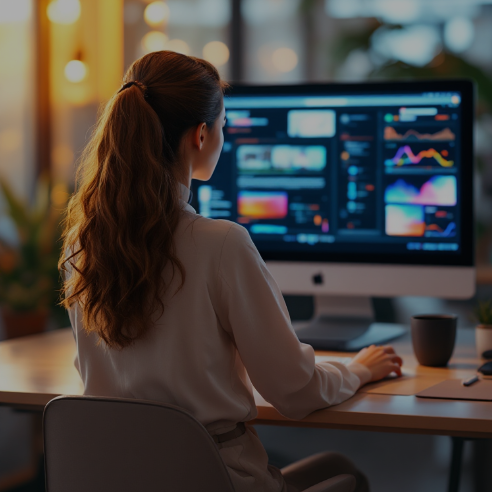 A woman with long brown hair tied back in a ponytail sitting at a desk, working on a desktop computer displaying multiple colorful charts and graphs.
