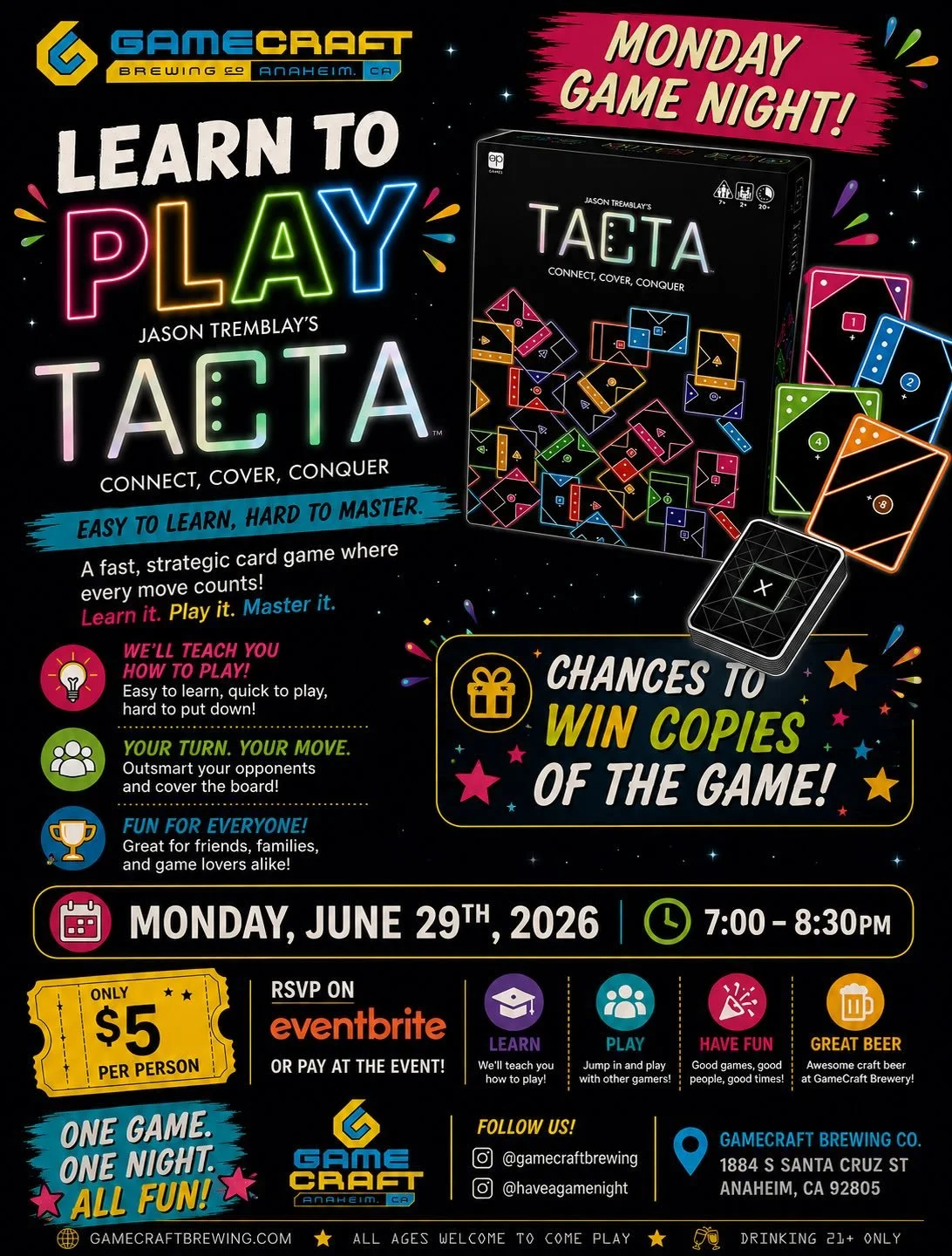 Our next Monday Night Game Night is next week June 29th 7pm-8:30pm. Come learn to play Tacta, meet new friends and possibly win a game to take home!!
Link in Bio for event tickets. Excited to see you there!!

Eventbrite link in bio!