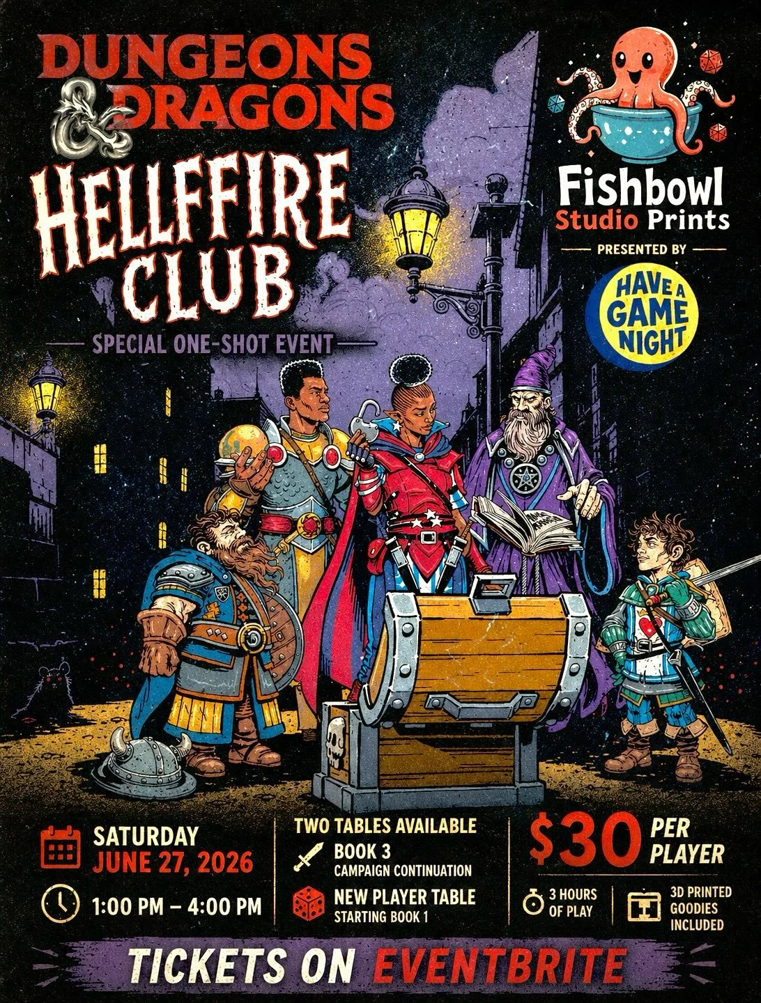 🔥 Welcome to the Hellfire Club! 🔥

Join us Saturday, June 27th from 1:00 PM&ndash;4:00 PM at Fishbowl Studio Prints in Tustin for another Stranger Things-inspired Dungeons &amp; Dragons adventure!

⚔️ Table 1: Continue the story with Book 3
🎲 Tabl