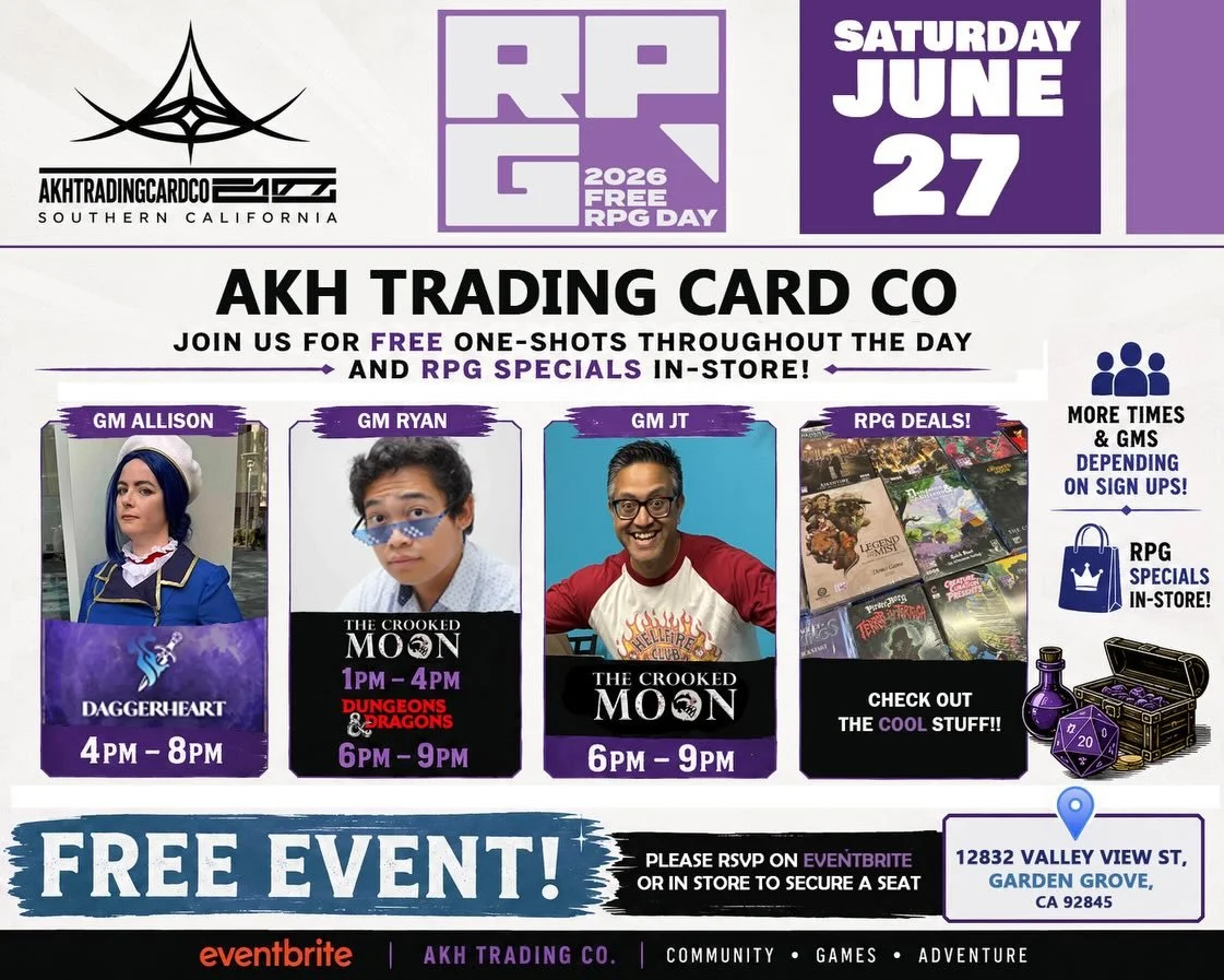 Digital flyer for June 27th RPG day. Sign up to Reserve your seat. @akhtradingcardco