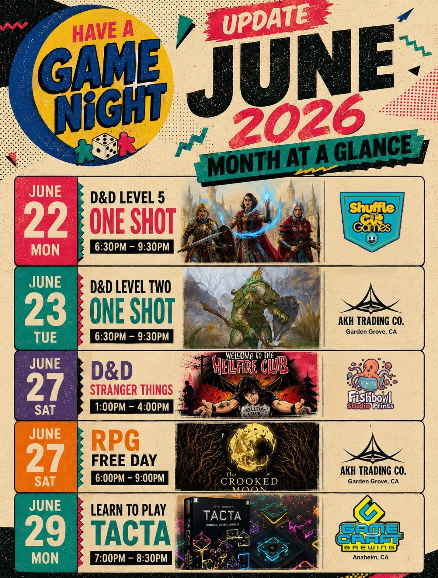 Update for the last week and of June full of game days and nights. Let me know if you&rsquo;d like to sign up for any of them, or if you have any questions!

Starting with 
Monday 2/22
FREE Level 5 Monday Night One Shot at @shuffleandcutgames from 6: