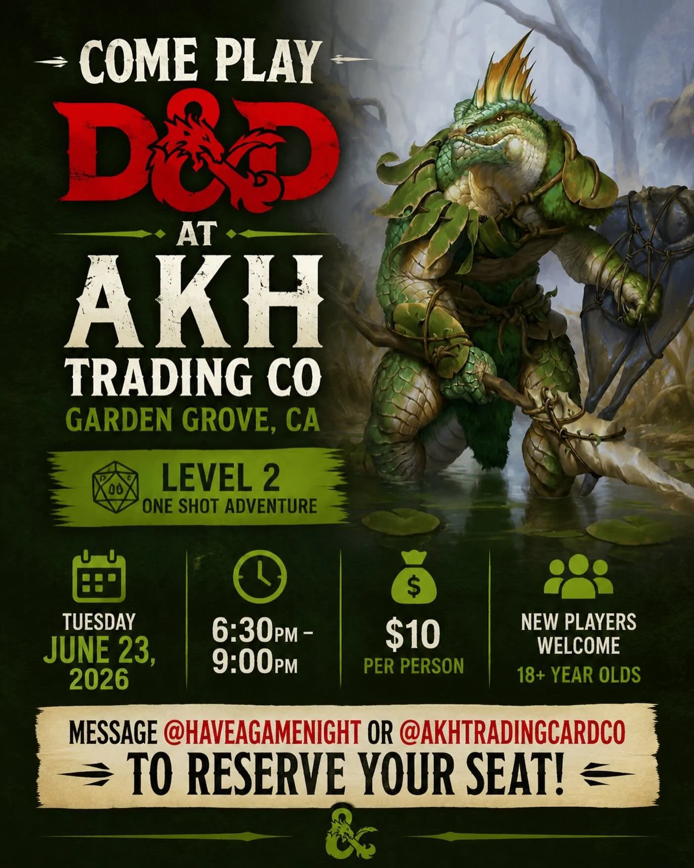 @haveagamenight next Dungeons and Dragons game @akhtradingcardco for level 2 characters is set, new players are welcome. 

Join Us!
Tuesday 
June 23rd 2026
6:30pm-9:00pm
$10 Per person

DM us to Reserve your seat!