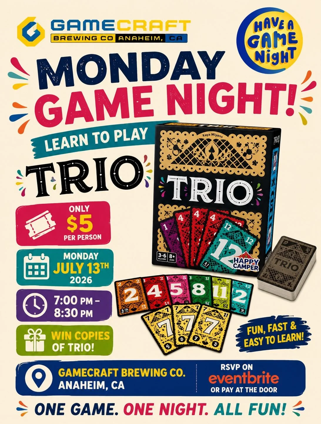 **3D Print and Game GiveAway, Details Below**

Monday Game Night!! @gamecraftbrewinganaheim 
Come learn to play TRIO!!

$5 tickets - Eventbrite Link in bio. 

A it&rsquo;s almost like an advanced version of Go-fish, a little bit of luck, a little bit