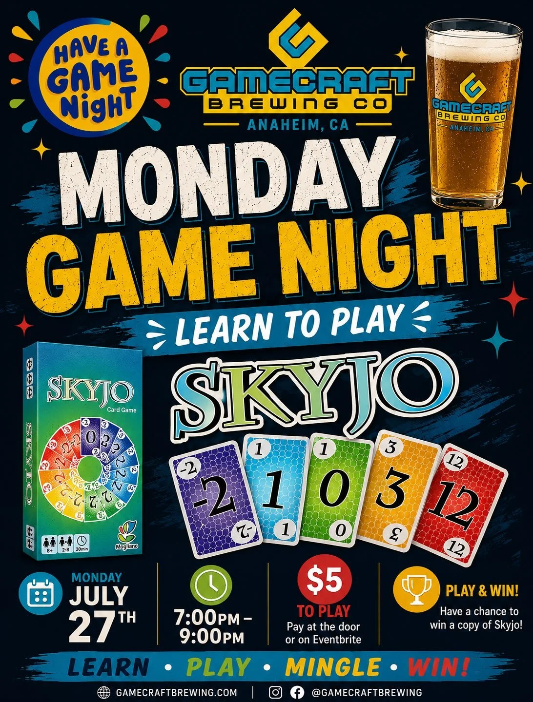 July 27th is the next Monday Game Night at @gamecraftbrewing from 7:00pm-9:00pm. 
 
$5 to learn, play, and enter a chance to win a copy of the game!

Skyjo has over 75,000 reviews with  4.8⭐️⭐️⭐️⭐️✨ stars on Amazon!

Come join the fun! Bring 2 friend