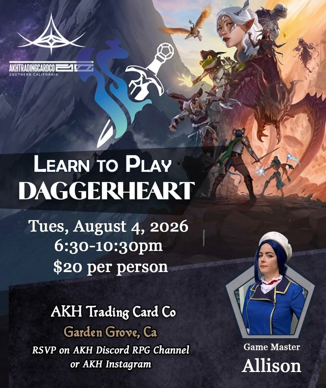Next Tuesday Night August 4th
Is @akhtradingcardco 

Learn to Play Daggerheart 
With Game Master Allison @timeless_tardis 

6:30pm - 10:30pm
4 hour game
Only $20 per player!

Please comment or message me or AKH to reserve your spot. Seating is limite