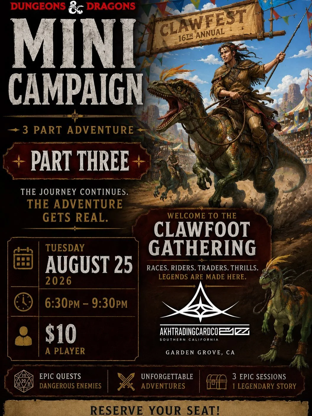 Part Three for this Mini Campaign Adventure in Ebberon. Tomorrow, Tuesday Night August 25th 6:30-9:30pm. $10 per person in Garden Grove at @akhtradingcardco 

Who is in?!? 🧑🏾&zwj;🎤👩🏽&zwj;🌾👨🏽&zwj;🎨🥷🏼🧙🏻&zwj;♂️