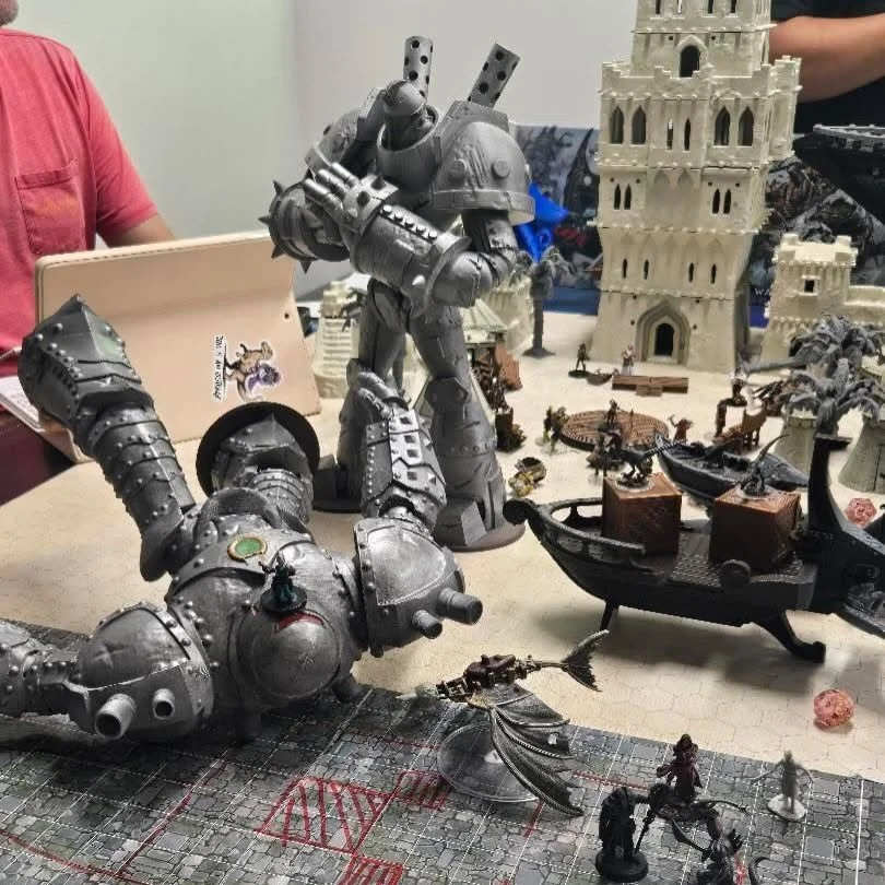 Our mini Eberron Campaign finale!

To save the Raptors a Claw Fest 16, in the Telenta Plains, the group was successfully able to operate a colossal war forge. They defeated the evil Voz the artificer mech mech. Well done adventurers!
@akhtradingcardc