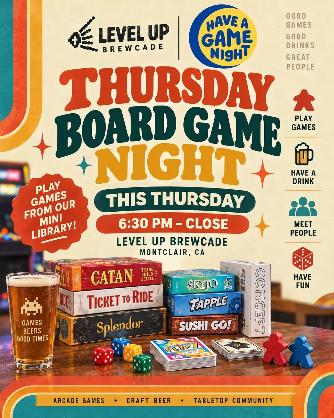 Board Game Night at LevelUp Brewcade in Montclair!

This Thursday Night 9/17/2026!!
6:30pm - 9:30pm
$5 per person

I created a small mobile Board Game library I will bring for people to play. I will also have a couple copies of Tacta! To teach as man