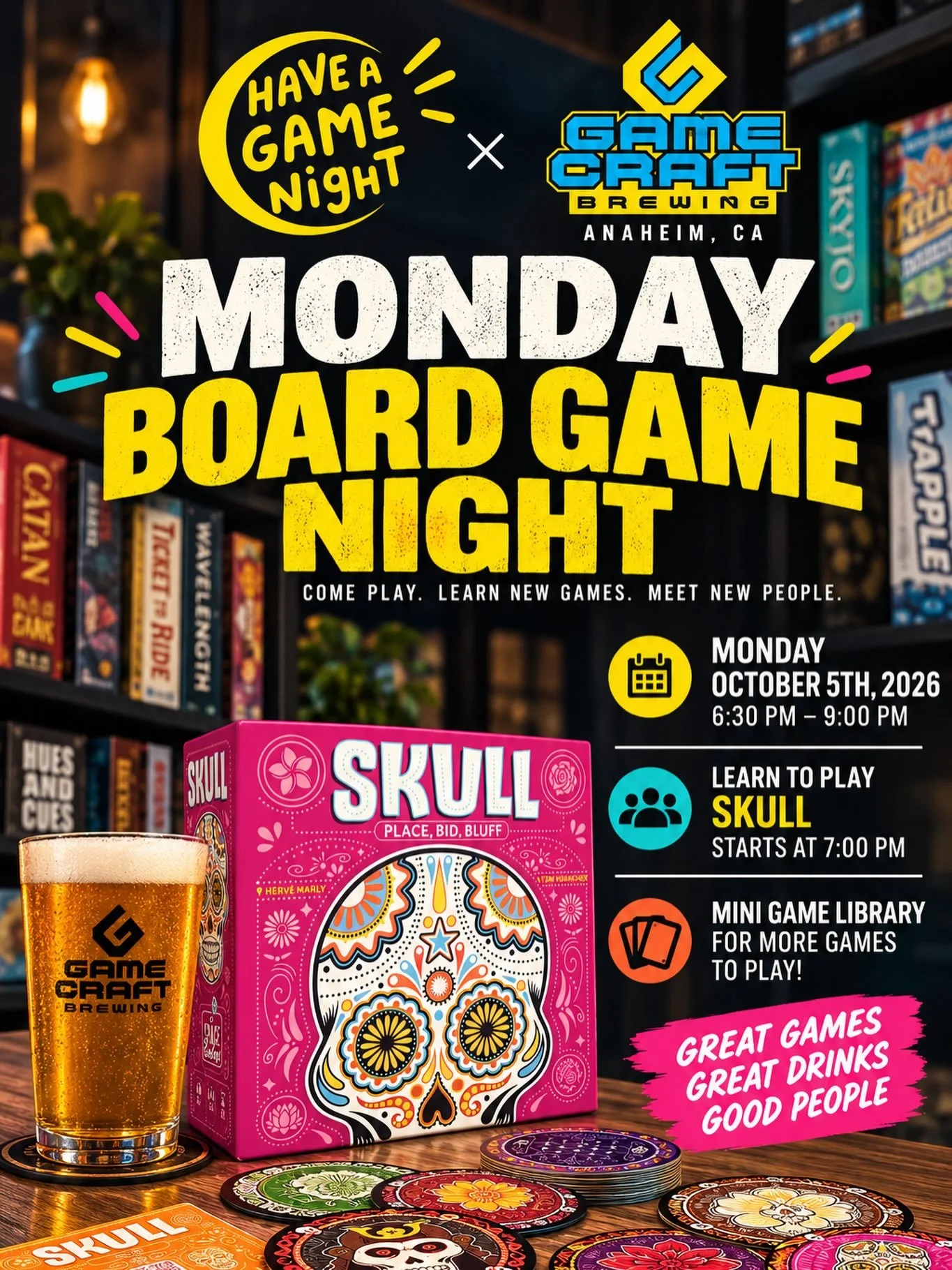 Our next Board Game Night feat one of my favorite bluffing/betting games SKULL!
We will also have a couple other games setup and you can play anything from the library. Check out our MeetUp link to RSVP!

Monday October 5th 2026
6:30pm-9:00pm
Food Tr