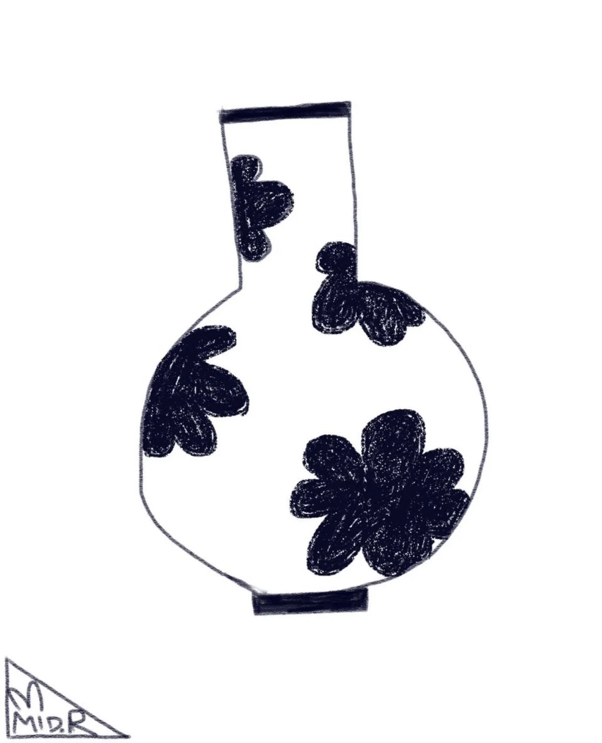 A black and white sketch of a vase with black floral patterns.