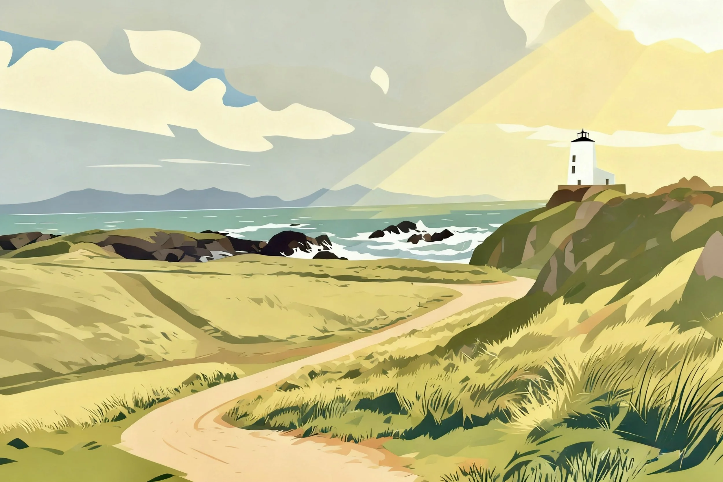A painted coastal scene with a dirt path winding through green grass and hills toward a lighthouse on a cliff. The ocean is visible in the background with rocky shoreline, and mountains can be seen in the distance under a partly cloudy sky with sunlight breaking through.