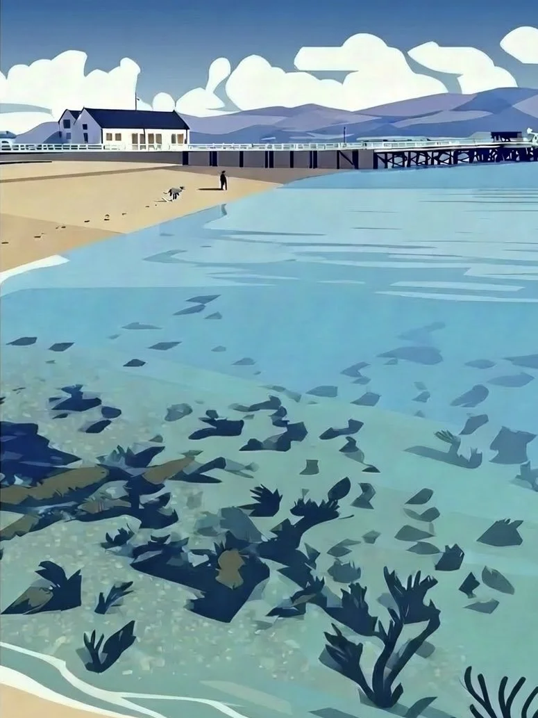 Digital illustration of a beach scene with clear blue water, a sandy shore with footprints, a pier in the background, and a white house with black roof near the pier. Mountains and cloudy sky are in the distant background.