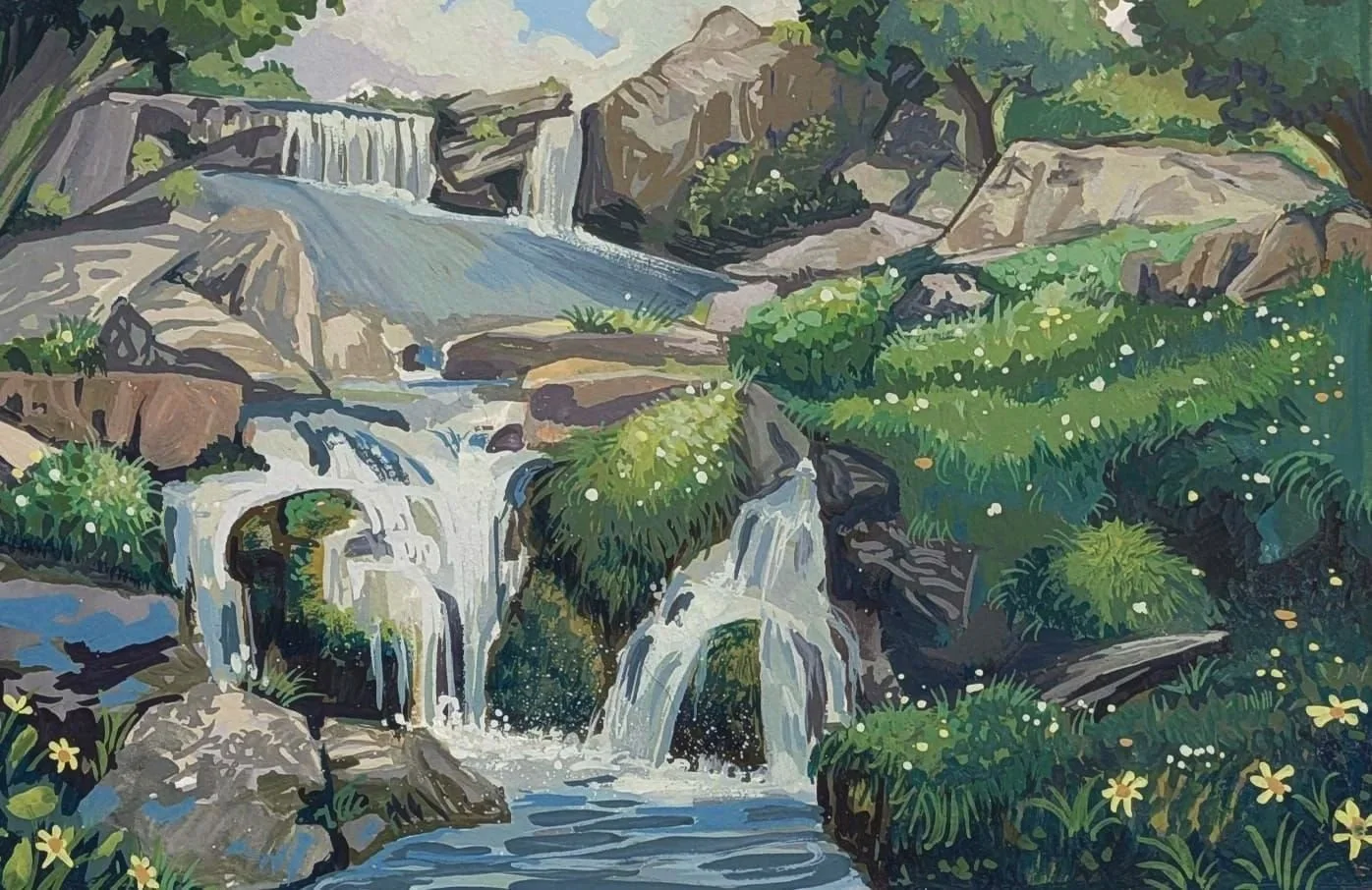 Painting of a mountain stream with waterfalls, surrounded by rocks and lush green vegetation.