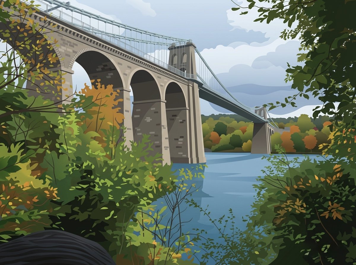 A large suspension bridge over a wide river, surrounded by trees with green, orange, and yellow leaves, under a partly cloudy sky.