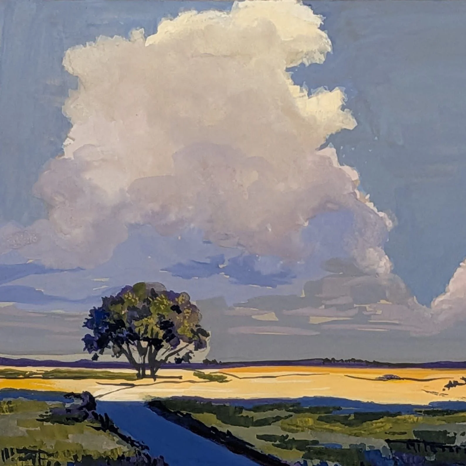 A painting of a rural landscape with a large tree, a blue road, fields, and a sky filled with big, billowing clouds.