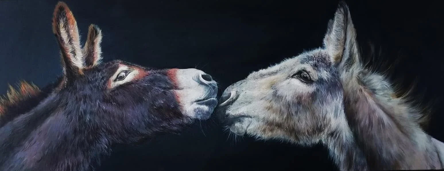 An illustration of a donkey and a mule nuzzling each other nose to nose against a dark background.