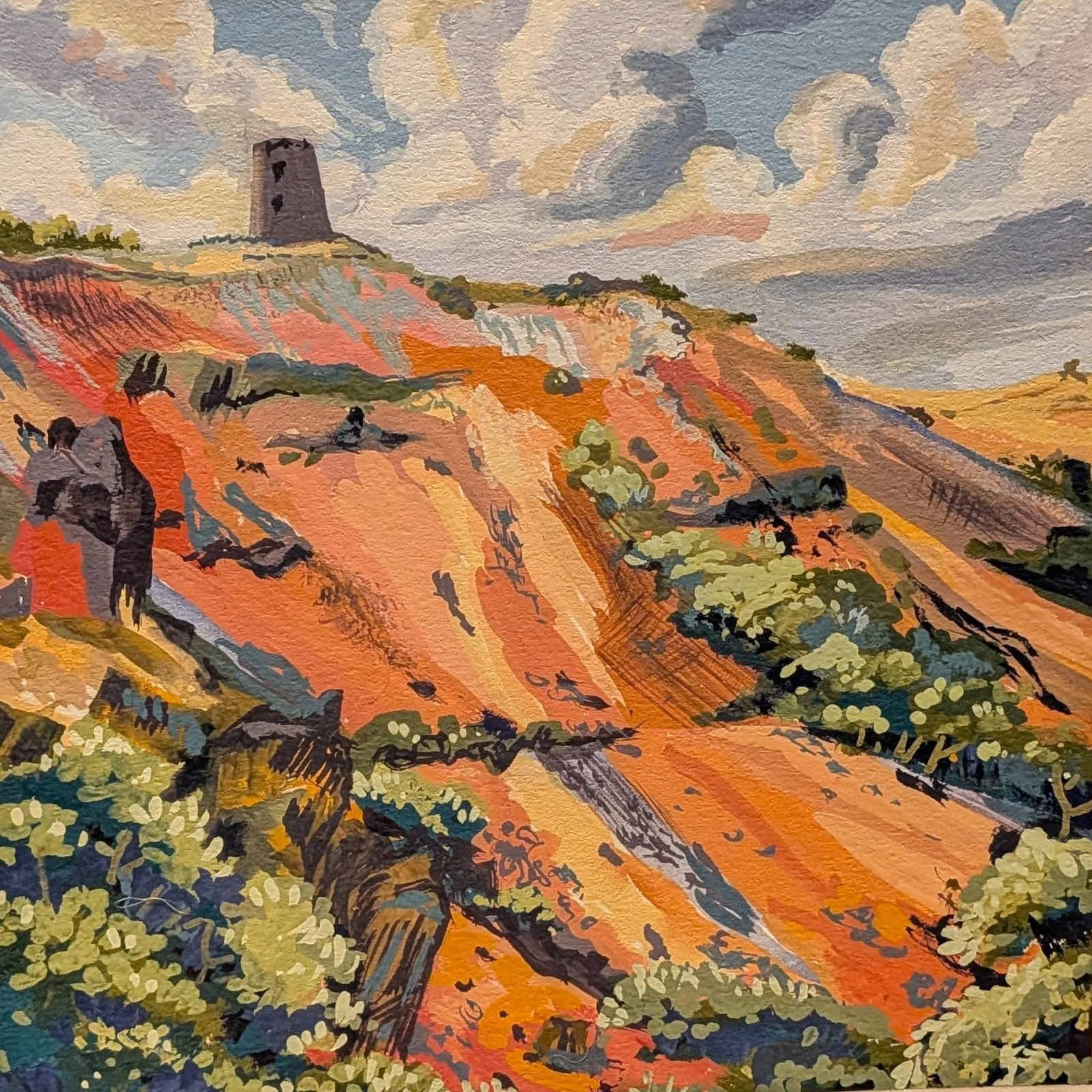 Watercolor painting of a hillside with orange and yellow cliffs, green vegetation, and a tower at the top under a cloudy sky.