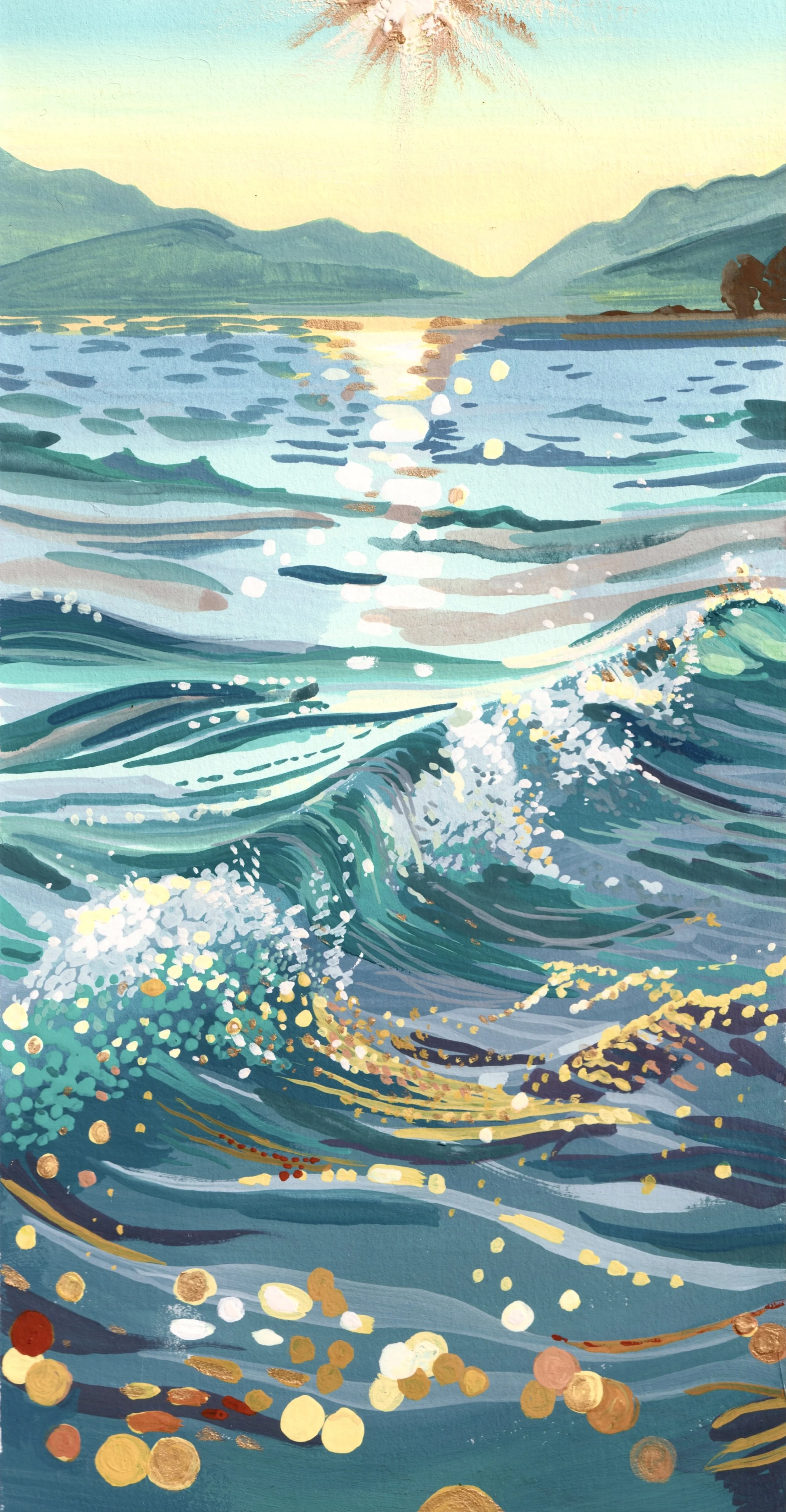 Painting of ocean waves with sparkles, mountains in the background, and a setting sun in the sky.
