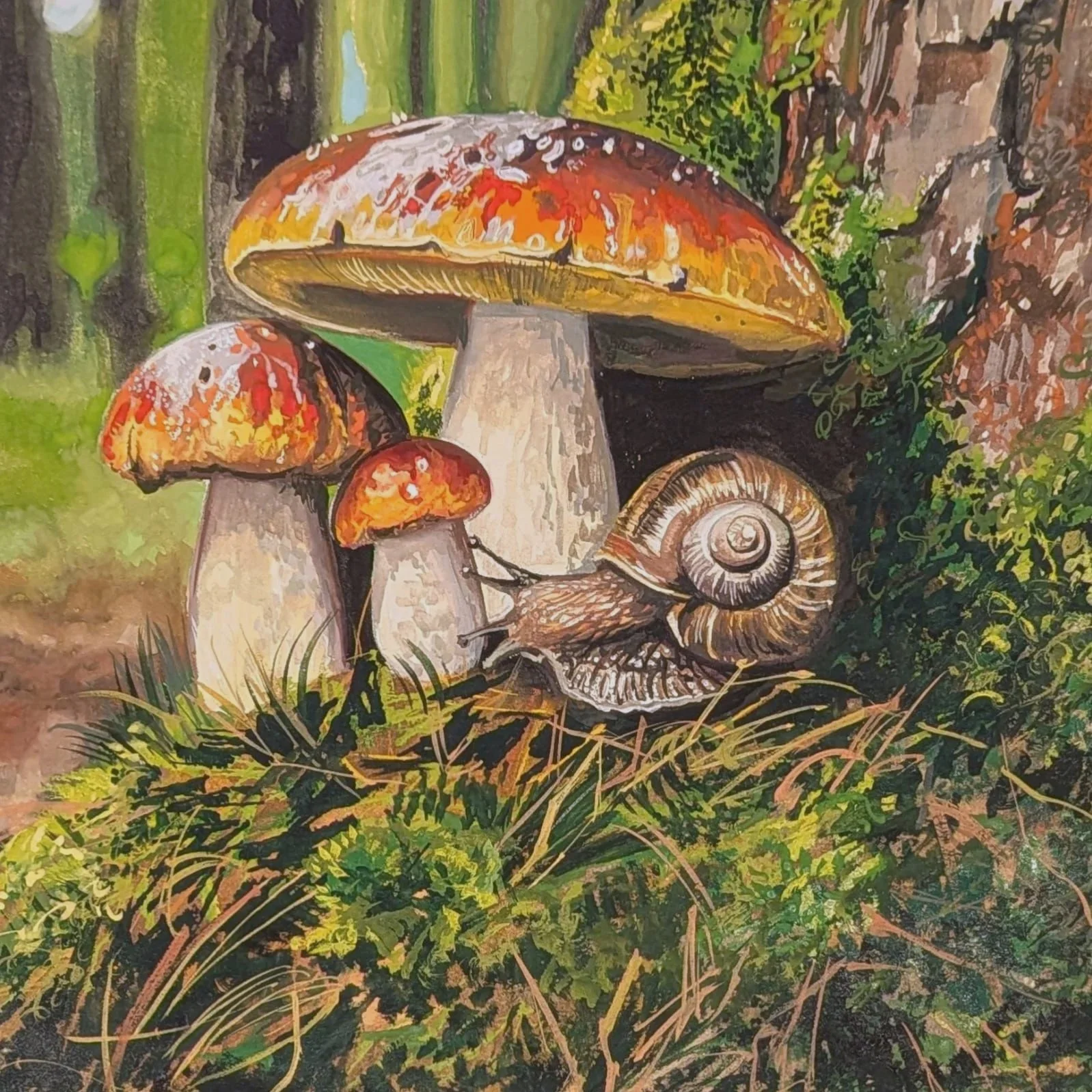 Colorful painting of three mushrooms and a snail in a forest setting, with grass and foliage.