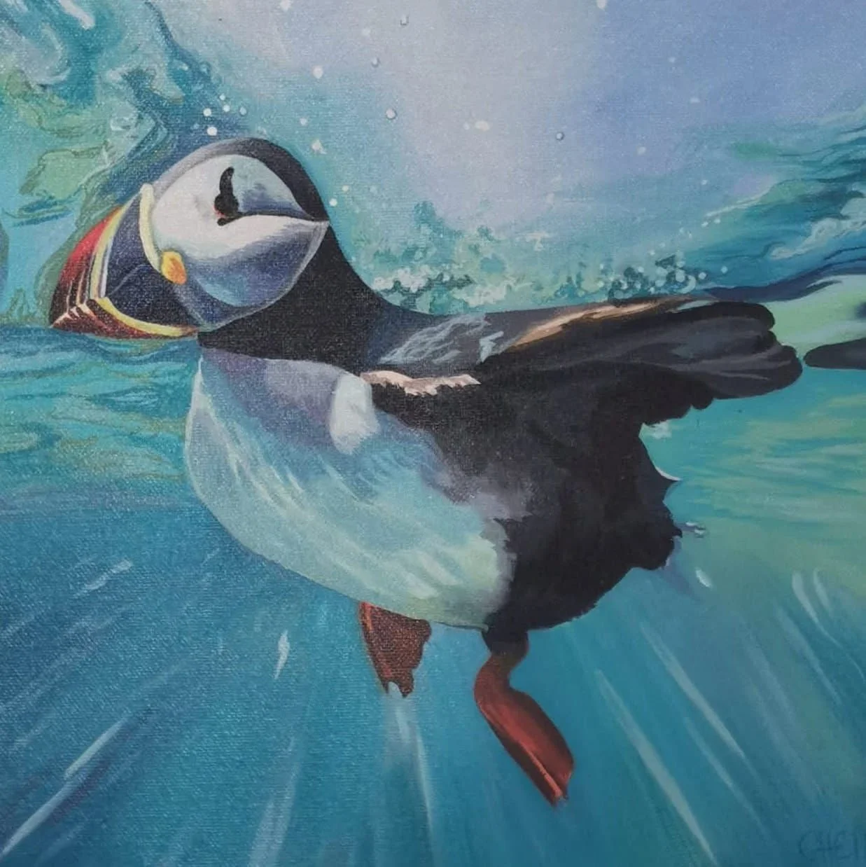 Painting of a puffin swimming in water, with bright blue and green background.