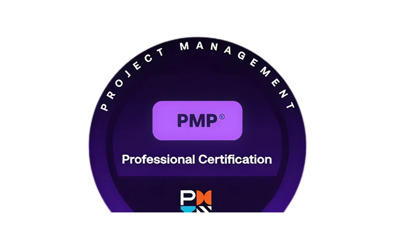 Circle badge for Project Management Professional (PMP) certification with purple background, white text, and a small colorful logo at the bottom.