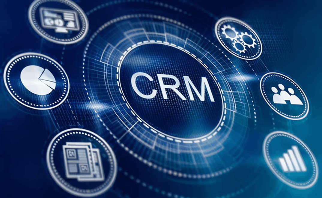 Digital graphic with the word 'CRM' at the center surrounded by icons representing analytics, team communication, data management, and settings on a blue technological background.