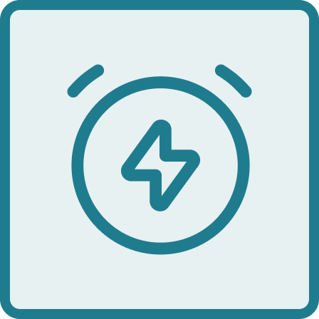 A power button icon on a teal background.