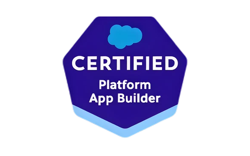 A badge with the Salesforce logo and the words "Certified Platform App Builder" in white text on a dark blue hexagonal background.